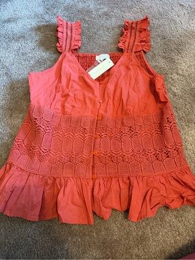 Adiva Coral Crochet-Trim Ruffle Tank